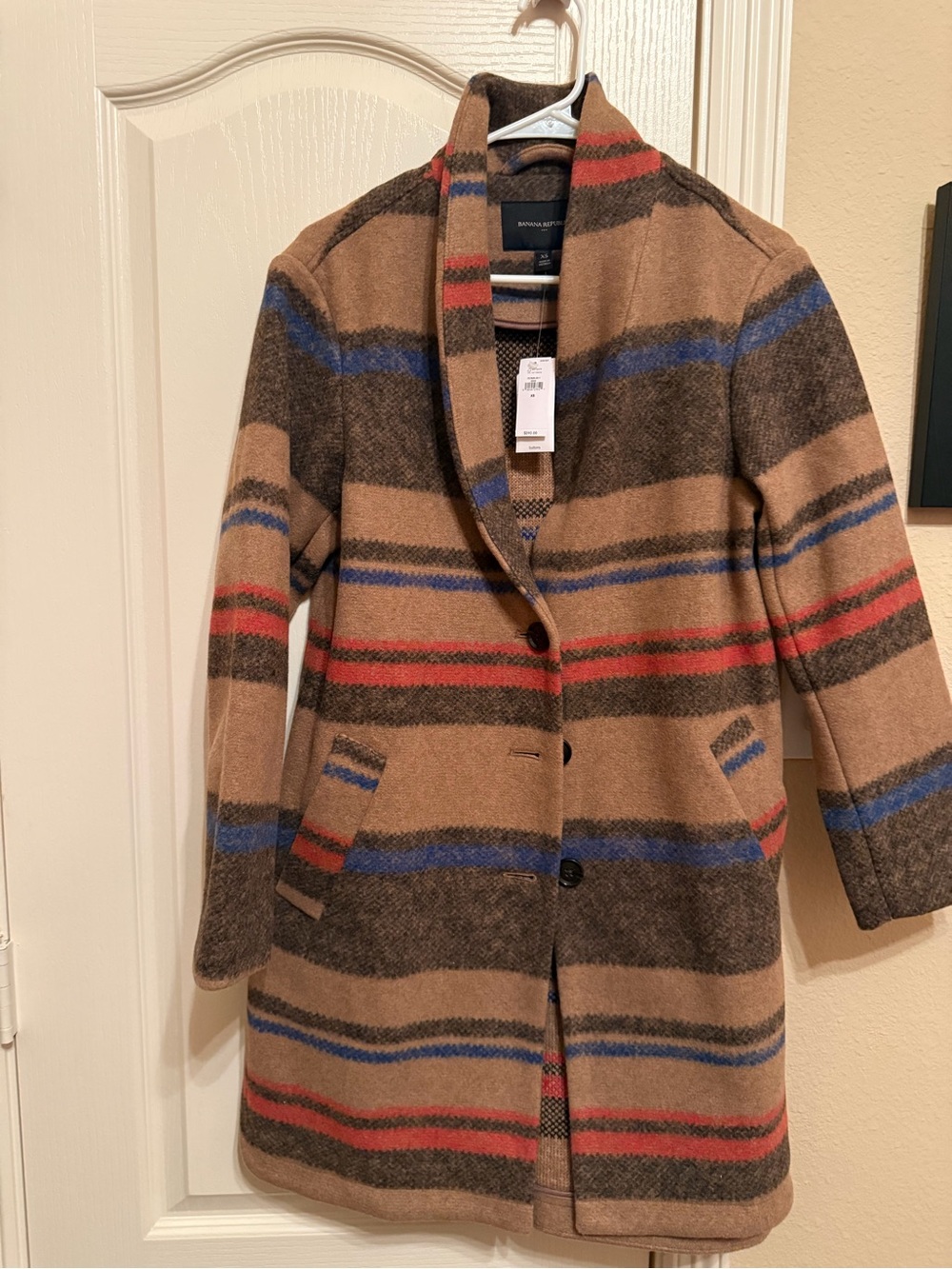 Banana Republic Camel Striped Wool-Blend Pea Coat with Blue & Red Accents